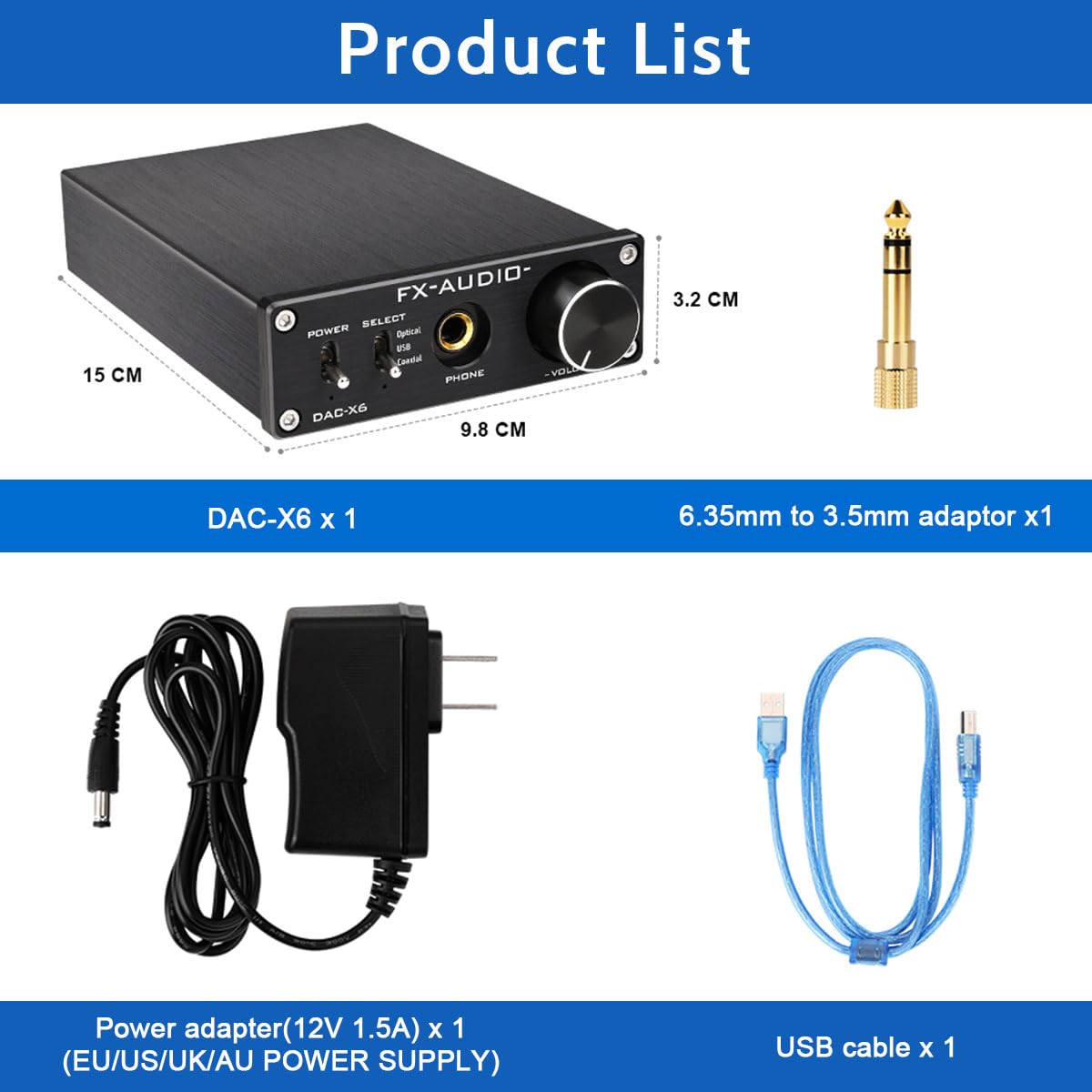 FX-Audio DAC-X6 Headphone amp Mini HiFi 2.0 Digital Audio Decoder DAC Input USB/Coaxial/Optical Output RCA/Headphone Amplifier 24Bit/96KHz DC12V