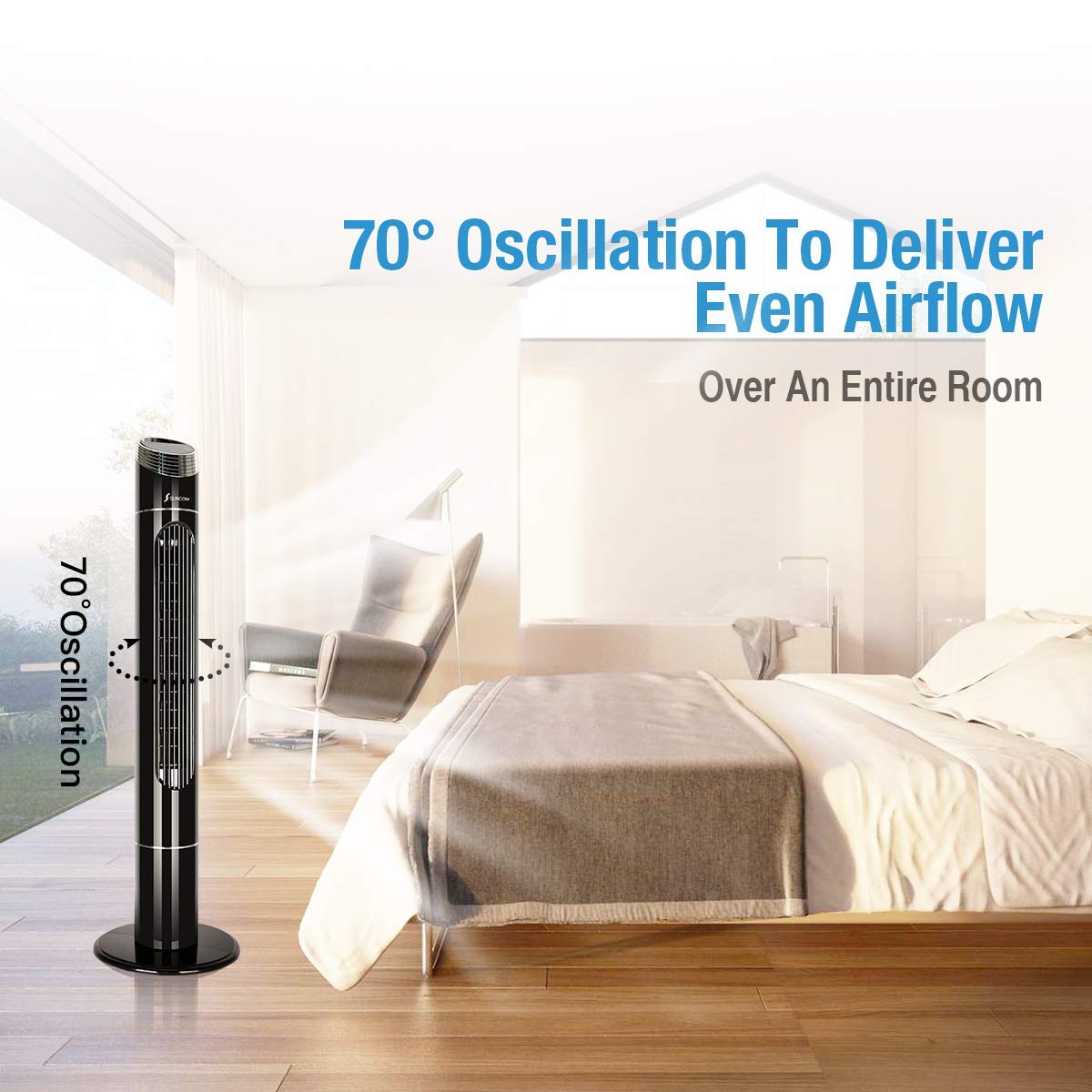 SEEKAVAN Oscillating Tower Fan with Quiet Cooling 3 Wing Mode Remote Control, LED Display Memory Function Low Noise Floor Fan, 43-Inch, Black