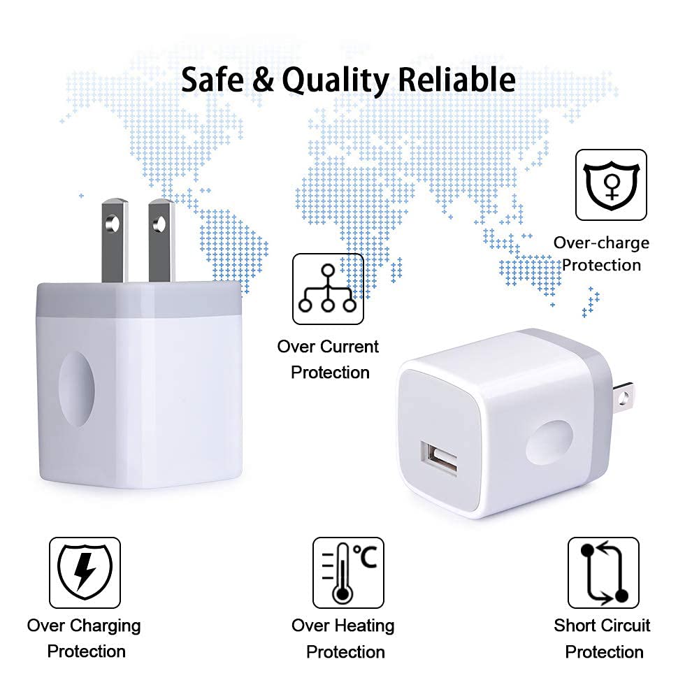 Jasdeia USB Wall Charger, CableLovers 1A/5V 3-Pack Travel USB Plug Charging Block Brick, Charger Power Adapter Cube Compatible Phone Xs/XS Max/X/8/7/6