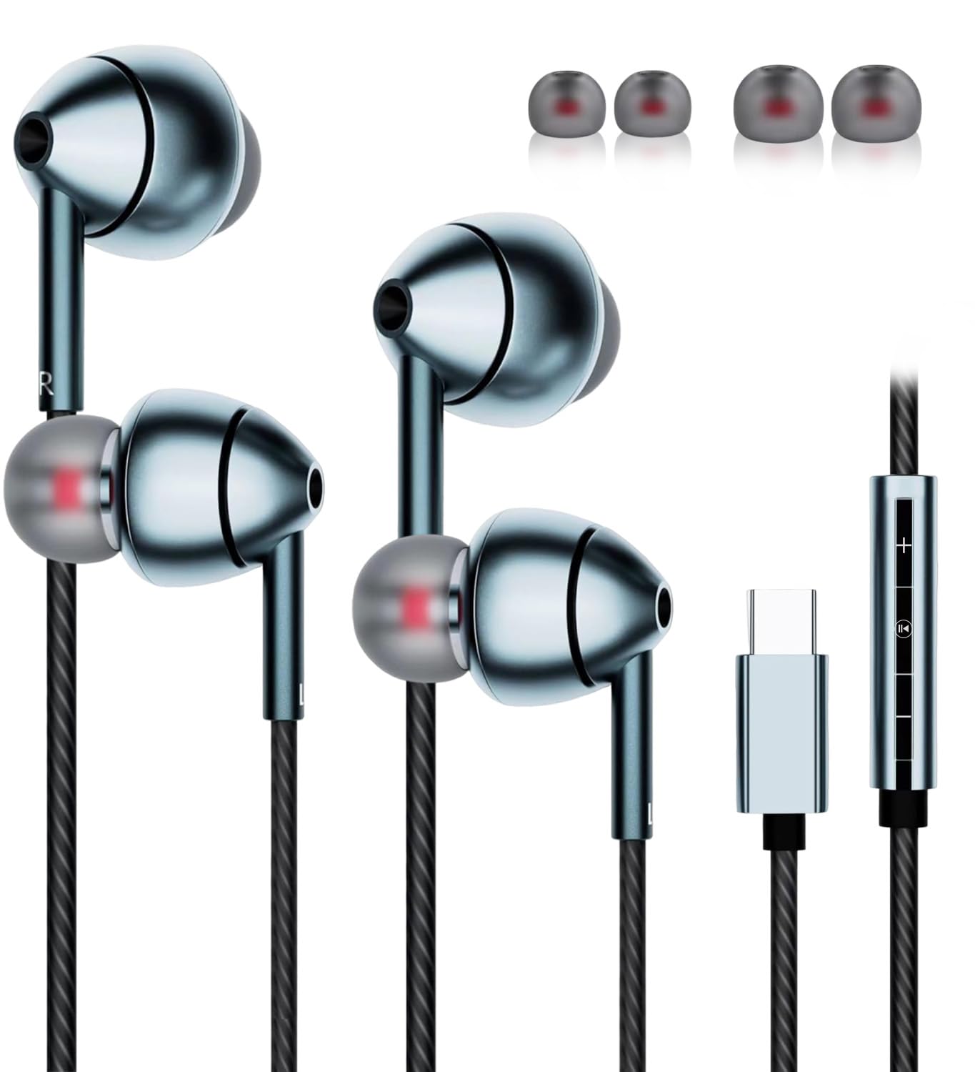 USB-C Wired Earbuds with Microphone, Volume Control, Noise Canceling, Compatible with Samsung Galaxy S24 S23 S22, iPhone 15, Pixel Phones (2Pack-Gray)