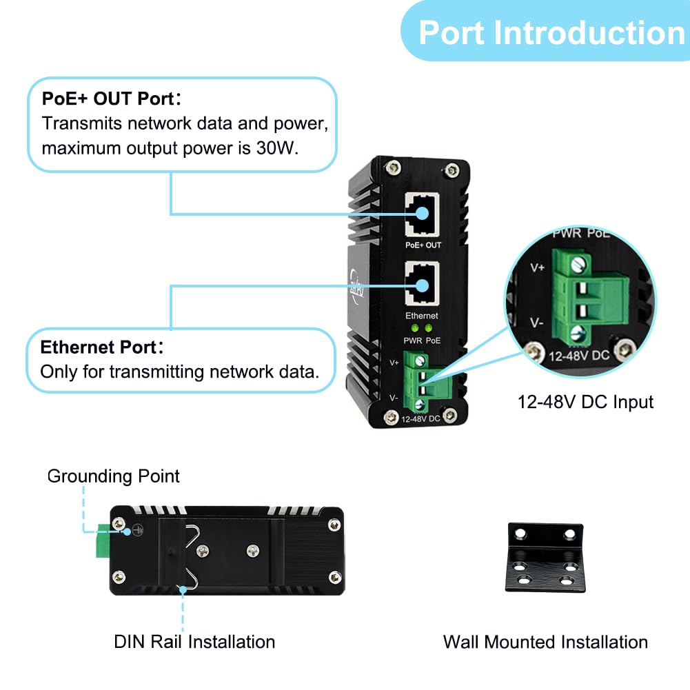 Industrial Gigabit 30W PoE Injector 12~48V DC Input Boost to 48V PoE Output, IEEE802.3af/at PoE+ Adapter Power Over Ethernet 10/100/1000Mbps