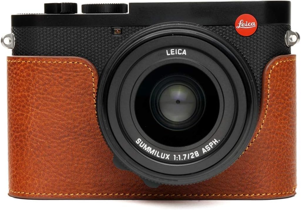 Camera Case for Leica Q3, BMAOLLONGB Handmade Genuine Real Leather Half Camera Case Bag Cover for Leica Q3 Camera Bottom Opening Version + Hand Strap