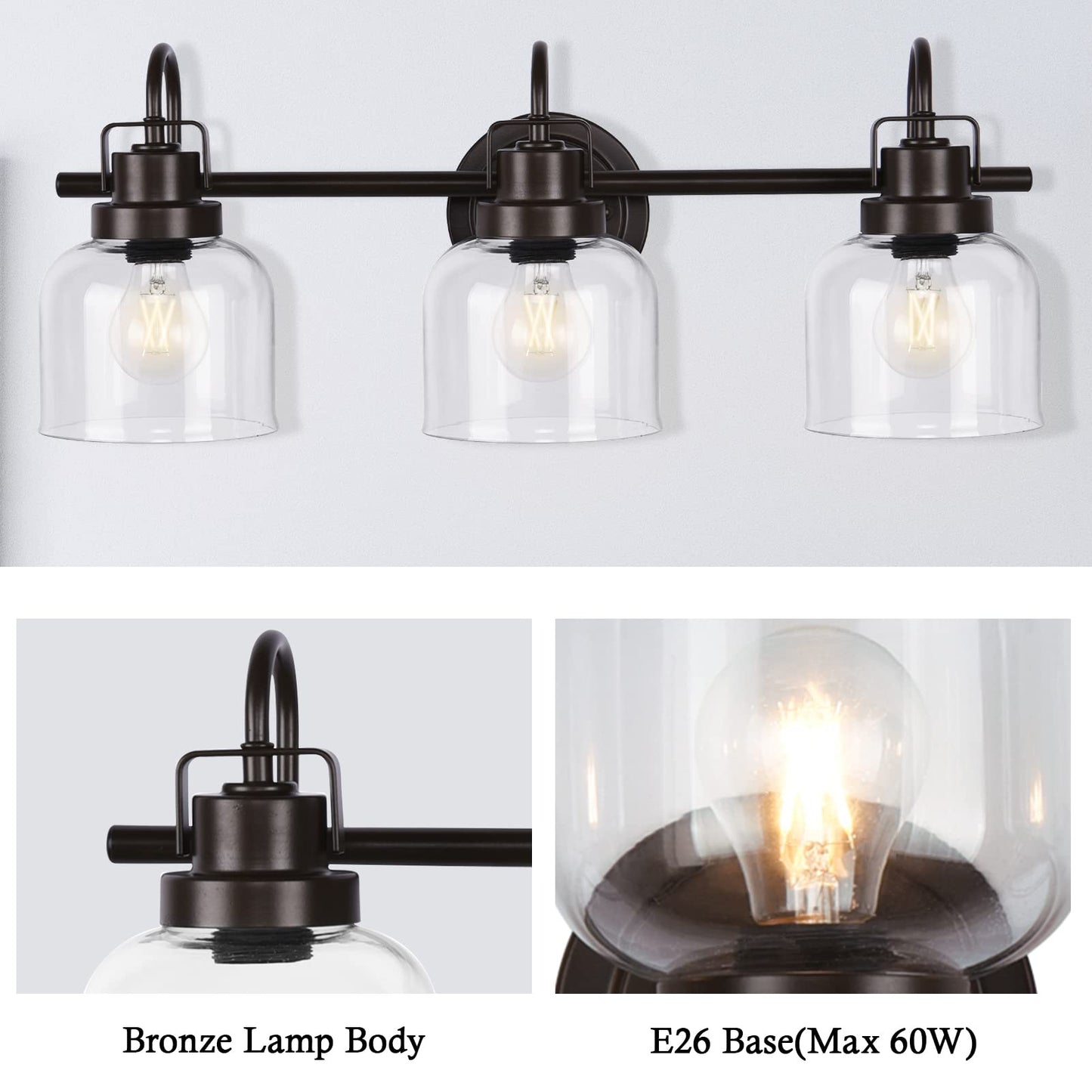 Bronze Bathroom Vanity Lights, 3-Light Vanity Light Fixtures for Bathroom, Oil Rubbed Bronze Vanity Light with Clear Glass Shade, Wall Sconces