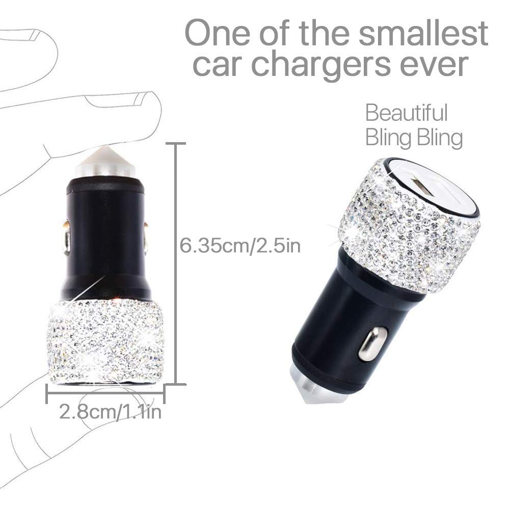 Dual USB Car Charger Bling Bling Handmade Rhinestones Crystal Car Decorations for Fast Charging Car Decors for iPhone, iPad Pro/Air 2/Mini, Samsung
