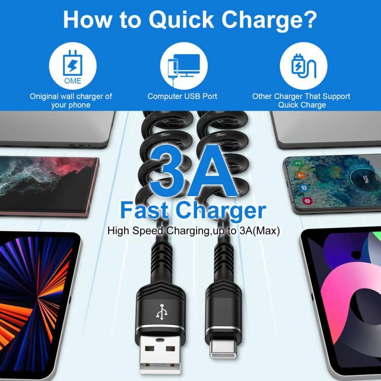 USB A to USB C Cable Coiled Car Charger Cord 6FT for iPhone 16e 16 Pro Max,16 Plus,16 Pro,16,15 Pro Max 15, Samsung Galaxy S24 FE Ultra A15 A35 A55