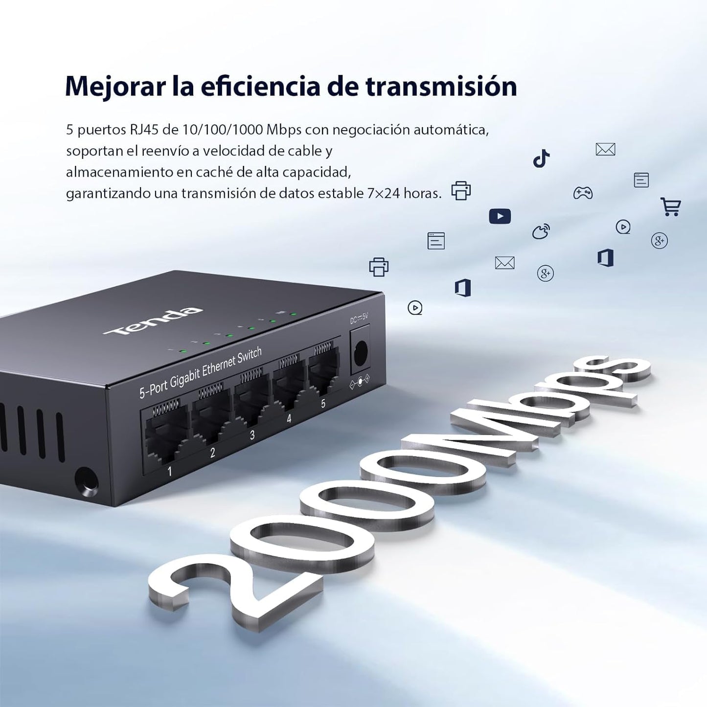 Tenda 5 Port Gigabit Switch, Unmanaged Ethernet Switch, Network Splitter with Traffic Optimization, Plug & Play, Fanless Metal Design Network Switch