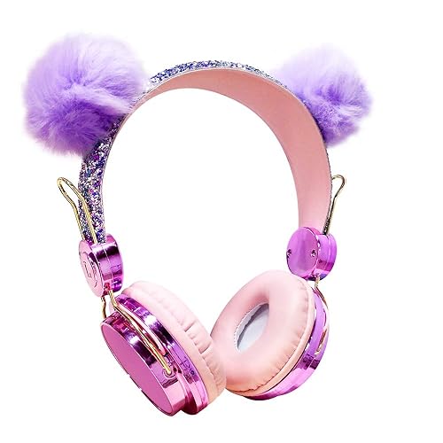 Kids Headphones, Cute Bear Ear Wired Over Ear Girls Headphones, Adjustable Headband, 3.5mm with MIC for Cell Phones Tablets MP3/4,Sparkly Headband…