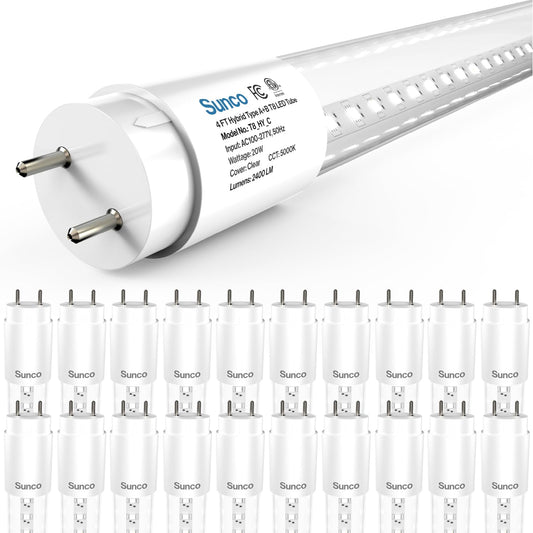Sunco 20 Pack 4 Foot T8 LED Tube Light Bulbs, 5000K, 20W, Hybrid A+B