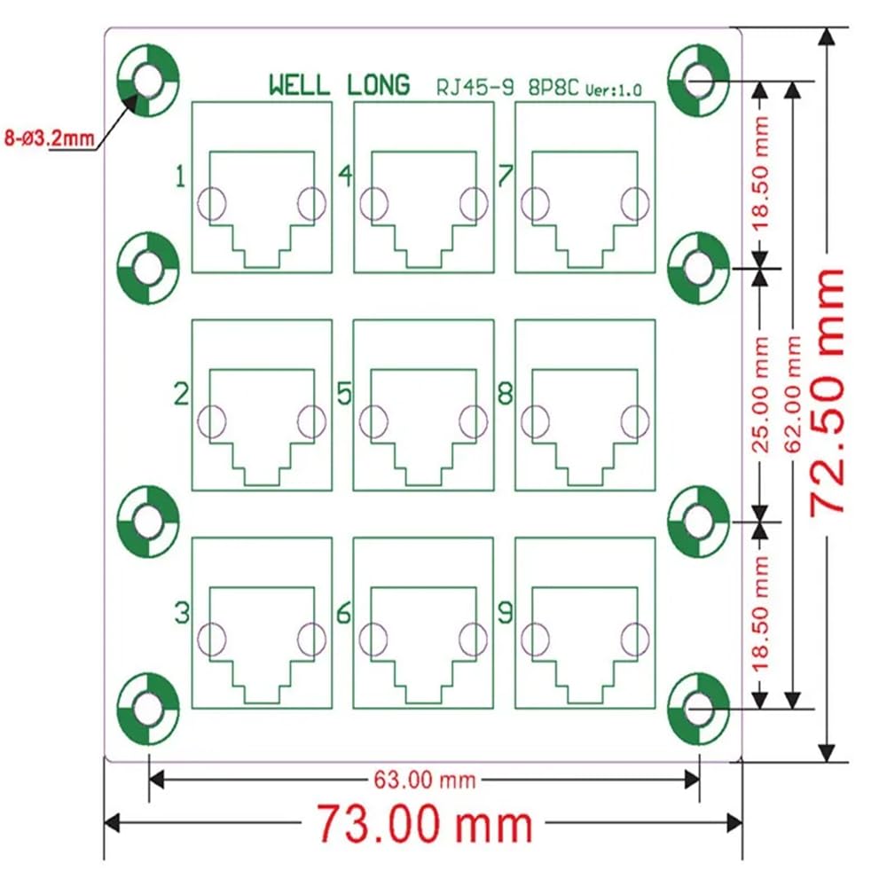 Jienk RJ45 8P8C 9-Way DIN Rail Mount Ethernet Connector Distribution Breakout Buss Board, RJ45 Vertical Jack Terminal Module