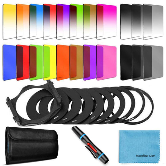 24 PCS Square Filter Kit ND Filters Graduated Full Color Lens Filter Set for Cokin P Series with Adapter Rings(49-82mm) Filter Holder Lens Cleaning