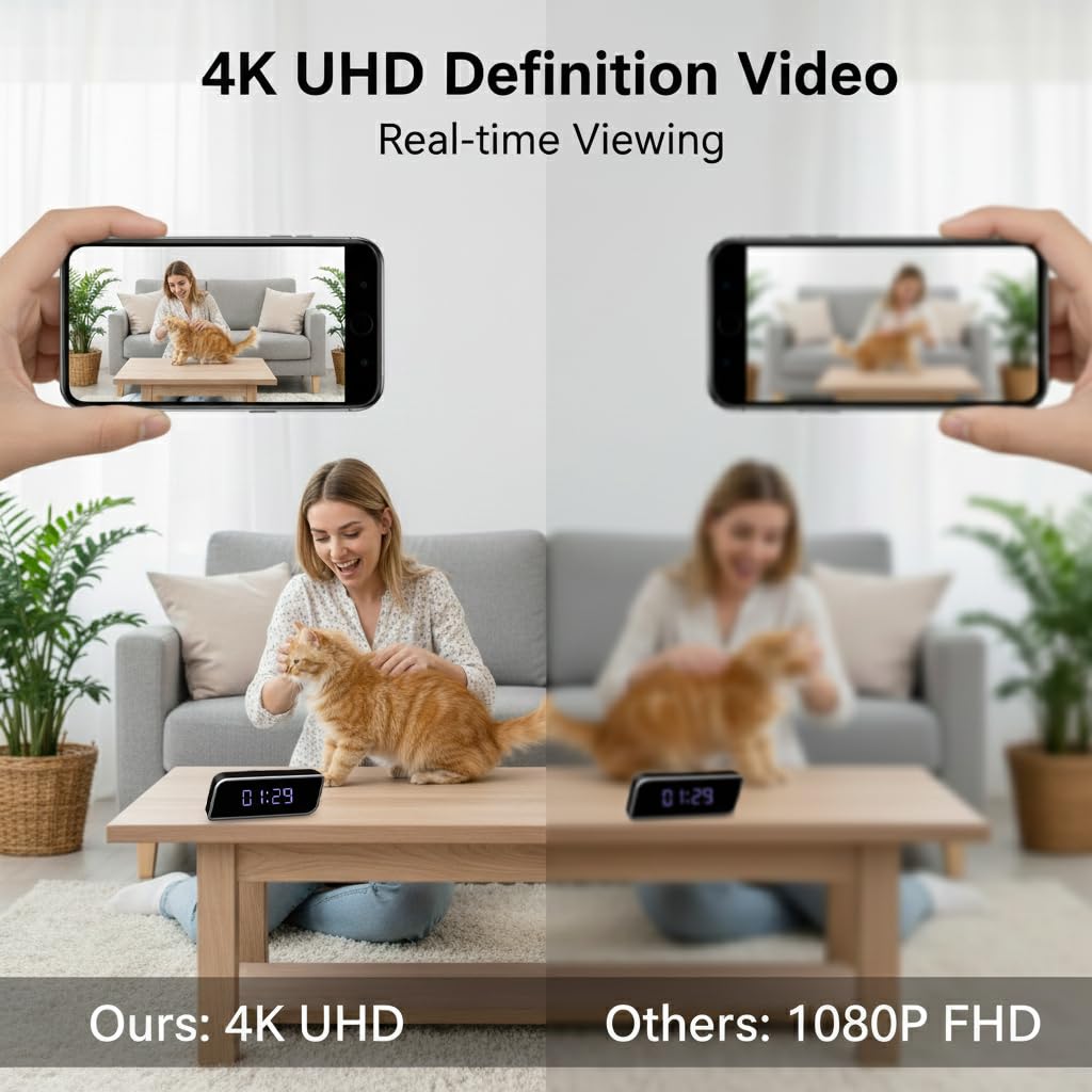 Unohoe Multi-Functional 4K Clock Camera with Night Vision, WiFi & AP Hotspot, App Remote View, Motion Detection, 2600mAh Long Battery Life, Smart
