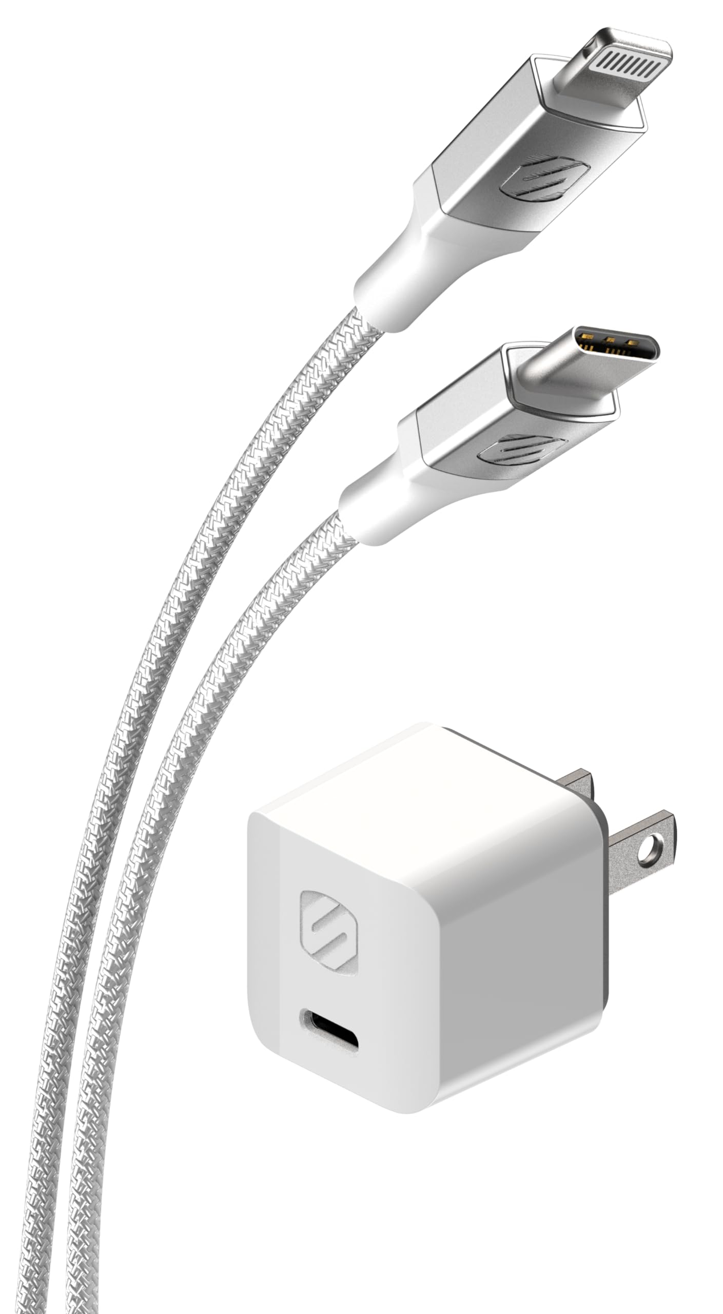 Scosche PowerVolt PD30 USB-C 30W Mini Adapter Plug, Power Delivery 3.0 Home Wall Charger with 8 FT Long Type-C to Lightning Fast Charging Cable, Block