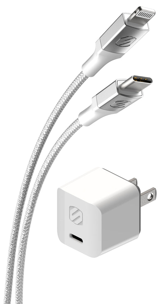 Scosche PowerVolt PD30 USB-C 30W Mini Adapter Plug, Power Delivery 3.0 Home Wall Charger with 8 FT Long Type-C to Lightning Fast Charging Cable, Block