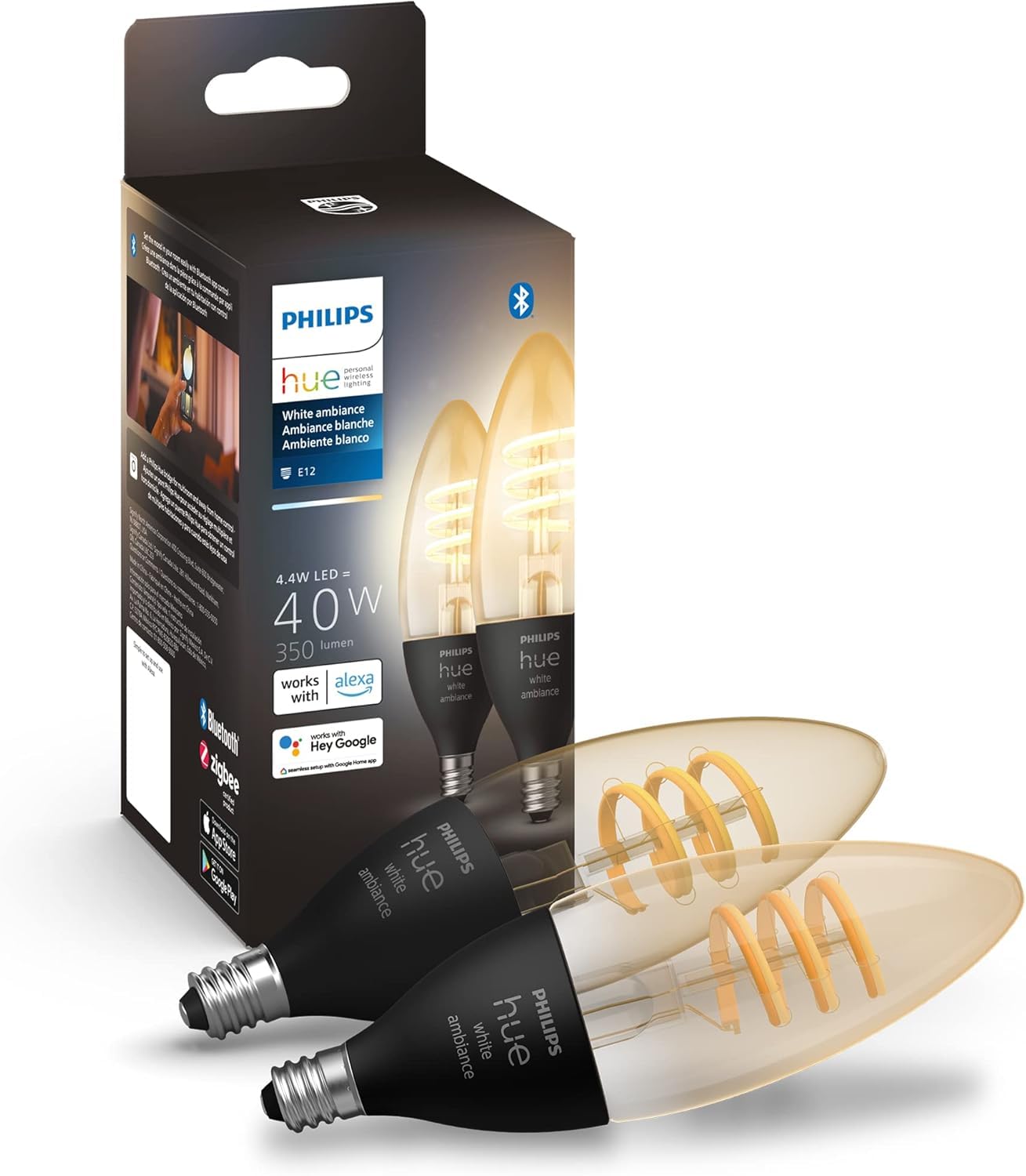 Philips Hue Smart 40W Candle-Shaped Filament LED Bulb - White Ambiance Warm-to-Cool White Light - 2 Pack - 350LM - E12 - Indoor - Control with Voice