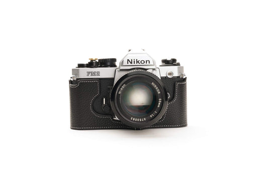 Nikon FM2 Case, BolinUS Handmade Genuine Real Leather Half Camera Case Bag Cover for Nikon FM2 FM FE FM2n FE2 With Hand Strap (Black)