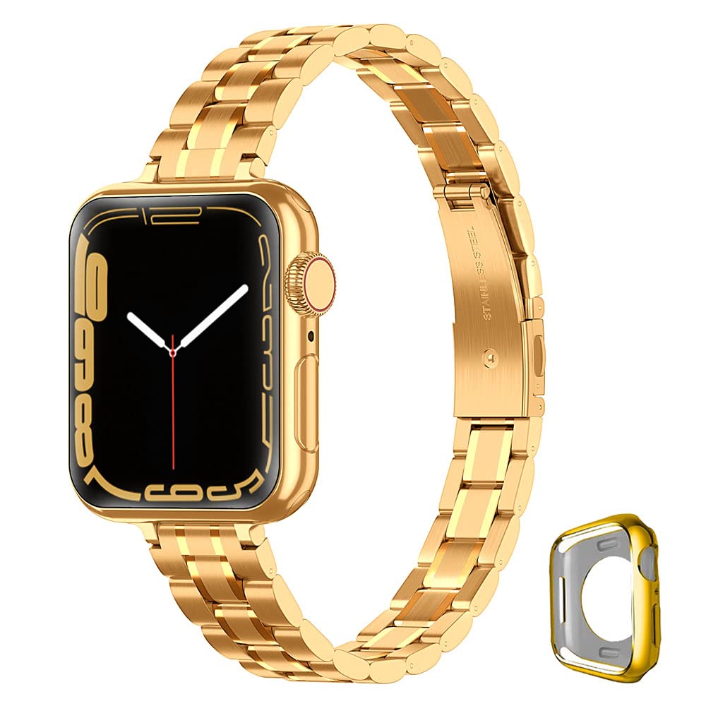 CSJCUBIC Metal band Compatible with Apple Watch Band 38mm 40mm 41mm 42mm 44mm 45mm for women, Slim and Thin Stainless Steel Replacement Adjustable