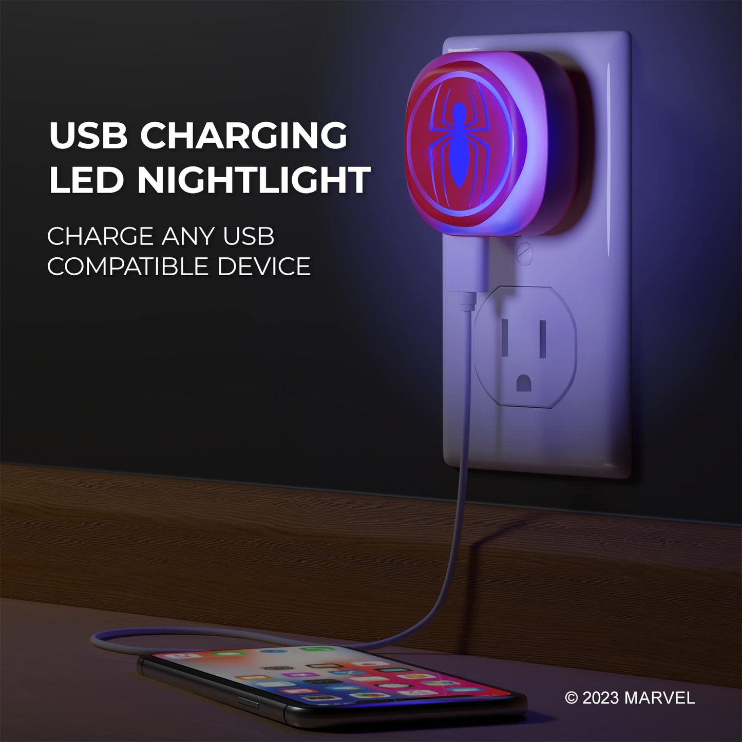 iJoy Marvel Spiderman Night Light with Touch LED and USB Charging Port- Spider Man Stuff/Spider-Man Gifts for Boys and Fans of Marvel- Foldable Plug