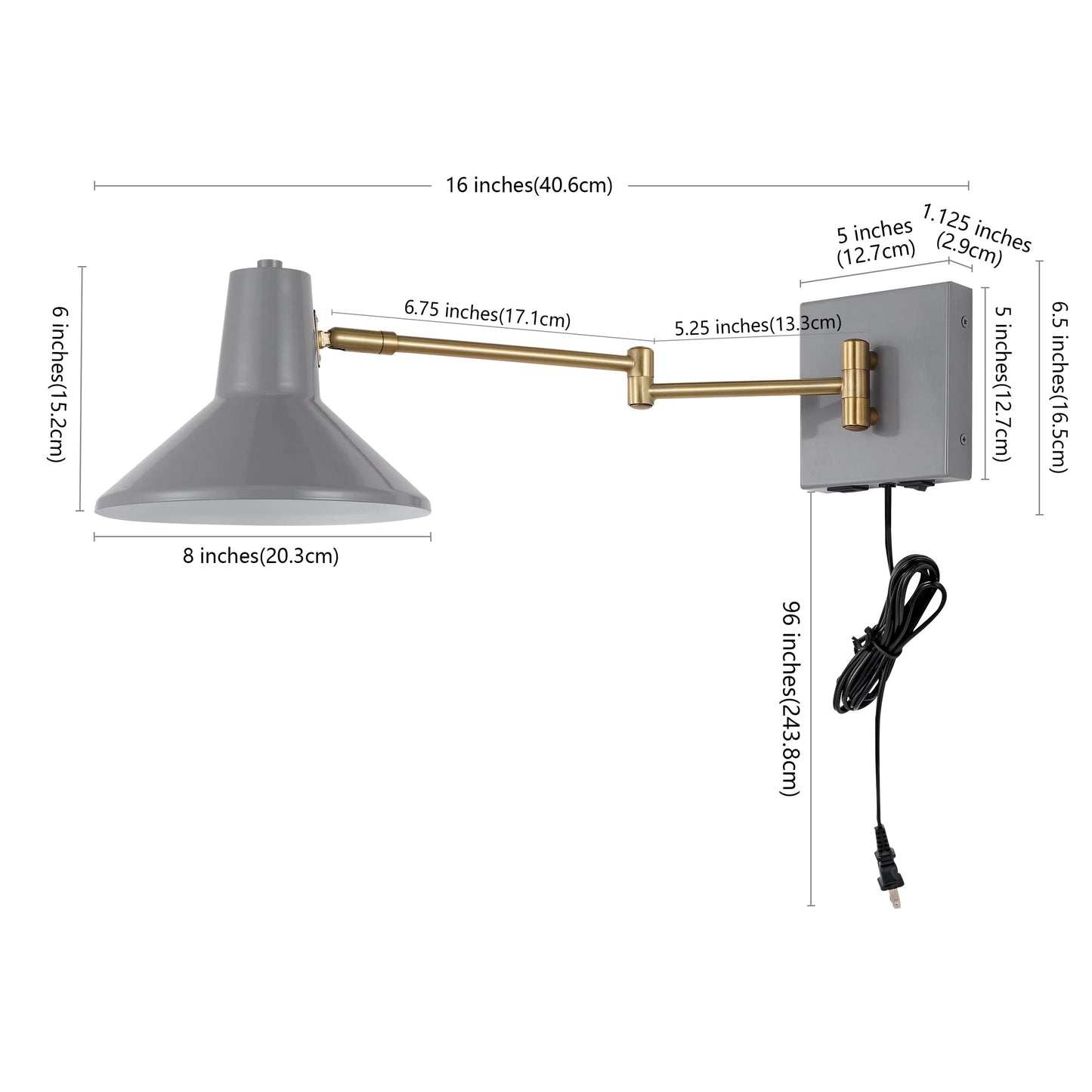 JONATHAN Y 16" Grey/Brass Gold 1-Light Modern Swing Arm Sconce with USB Port, Plug-in Midcentury LED Bedside Lamp with White Iron Shade for Bedroom