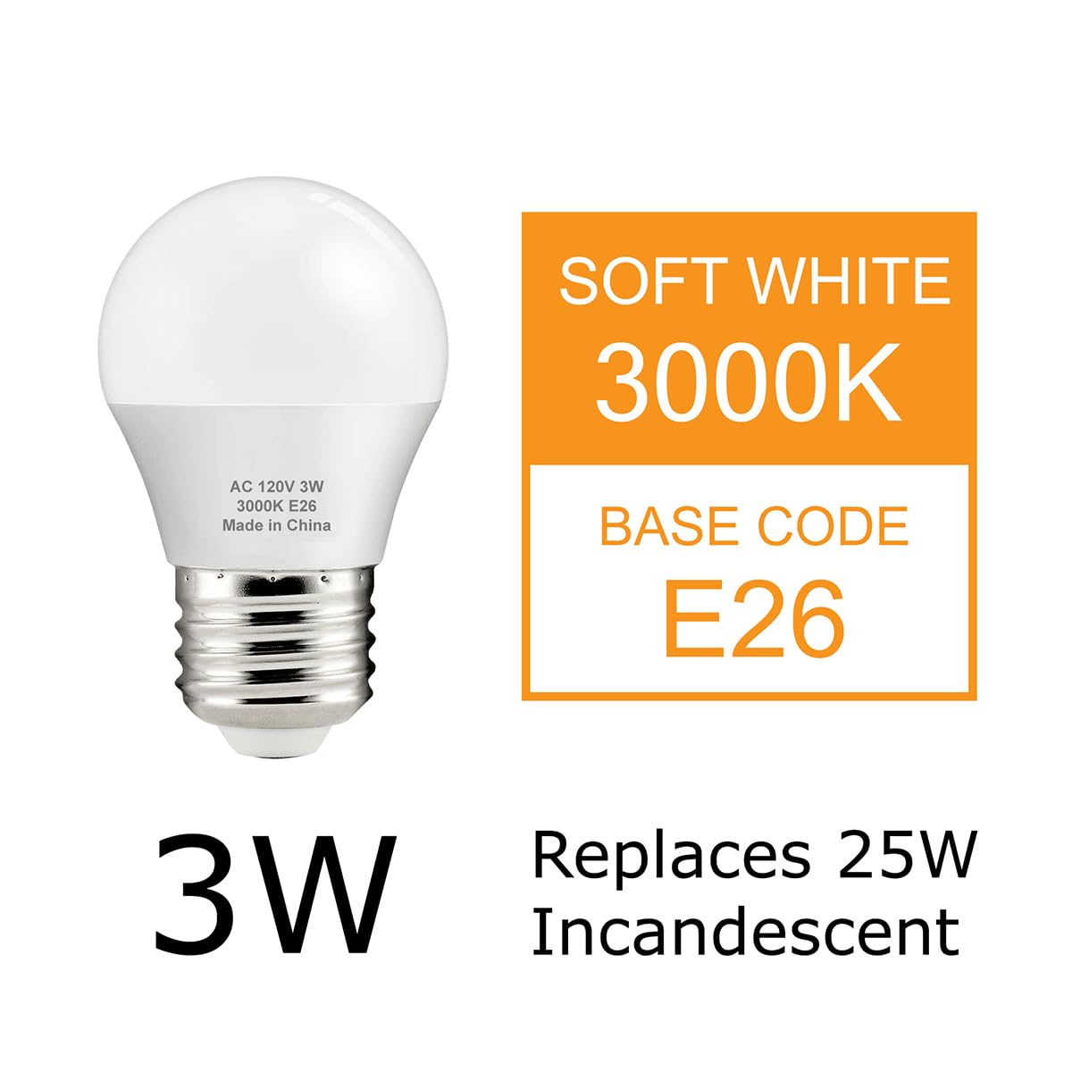 J.LUMI A15 LED Bulb 3W, 270 Lumens, 3000K Soft White, Small G45/A15 Shape, E26 Medium Base, 25W Equivalent Nightstand, Ceiling Fan & Ambient Lamp