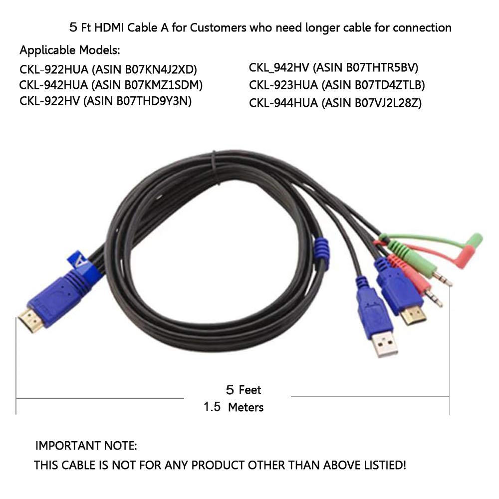 CKL HDMI KVM Cable A 5 Feet (1.5 Meters) Dedicated HDMI Dual Monitor KVM Switches for Customer Who Needs Cable (Pack of 2)