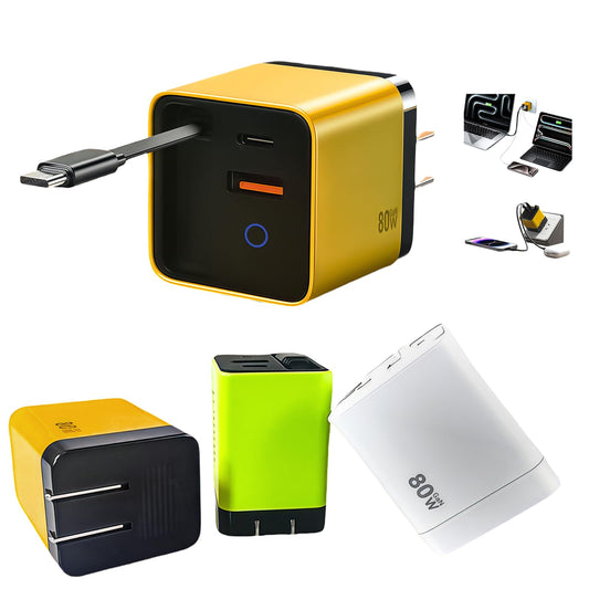 80W GaN Fast Charger with Retractable USB-C Cable 3-in-1 Wall Charger Block with Built-in Type-C Cord & 2 USB Ports, PD 3.0 & QC 4.0 Fast Charging