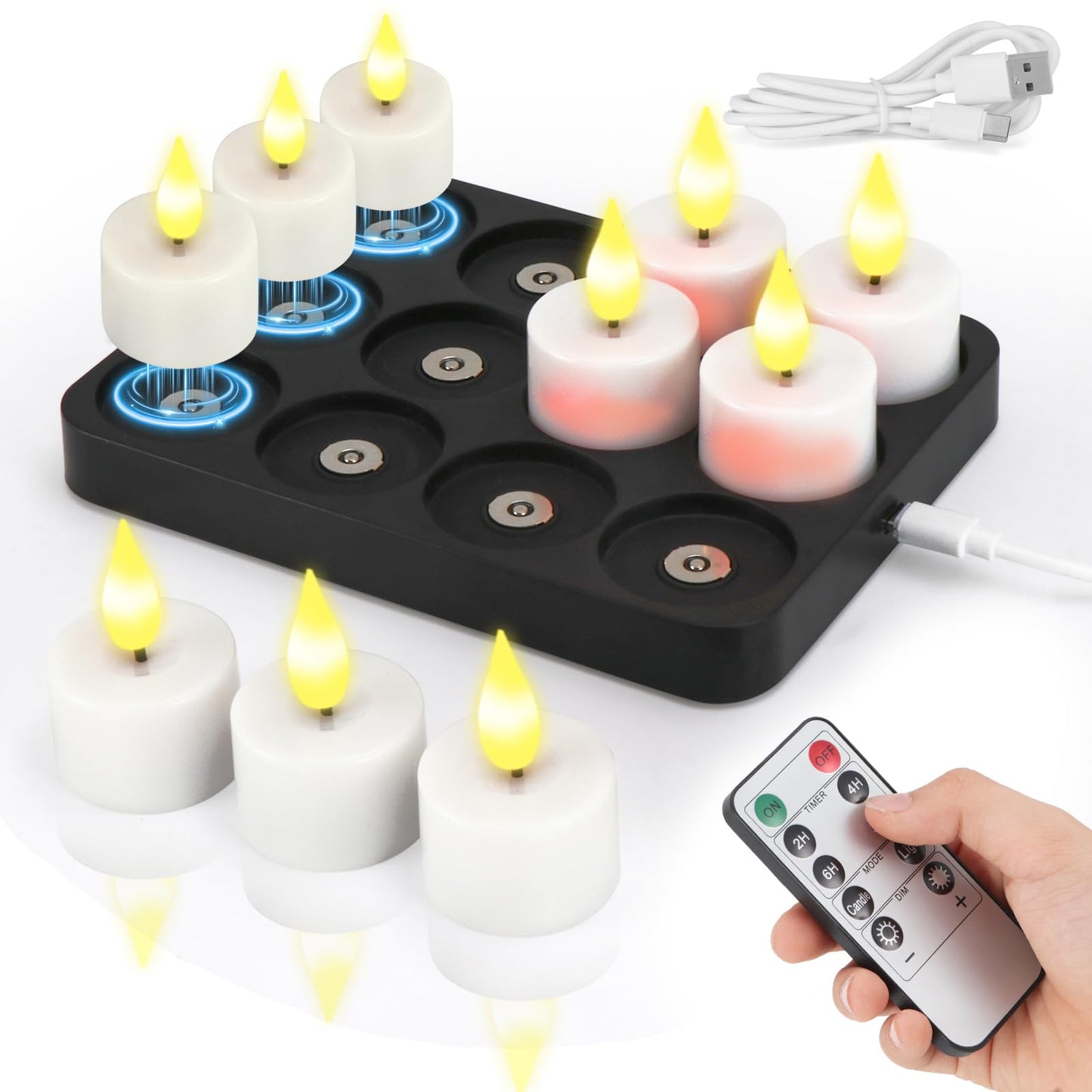 yunsheng Rechargeable Tea Lights Charging Base and Remote Timer, 12Pcs Battery Operated Tea Light, LED Flameless Votive Candles for Home Wedding Party