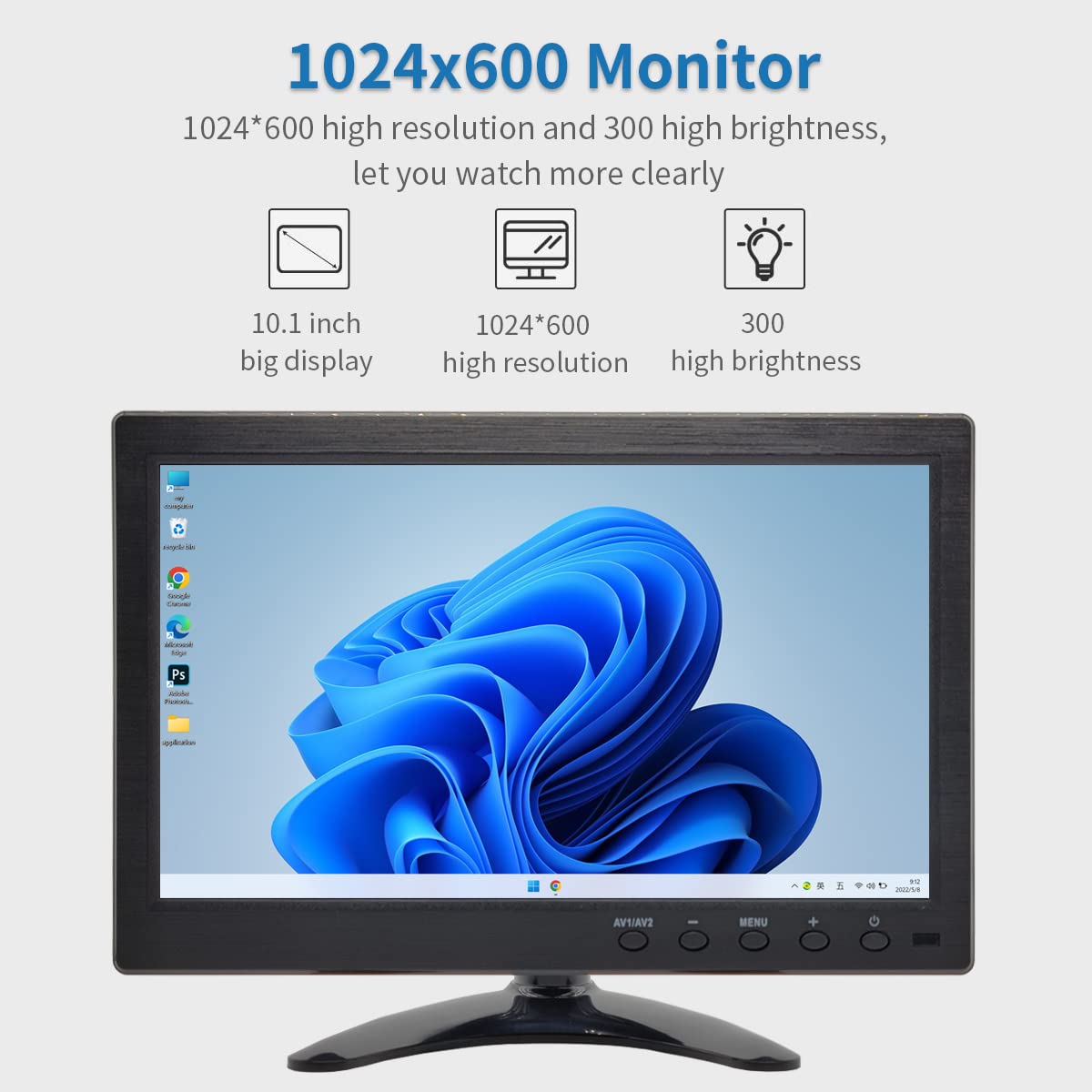 Qcvoruno 10.1 inch Security Monitor & Displays, 1024 * 600 Resolution, HD/BNC/AV/VGA/USB Input, Built-in Dual Speakers Portable LCD Monitor, Suitable