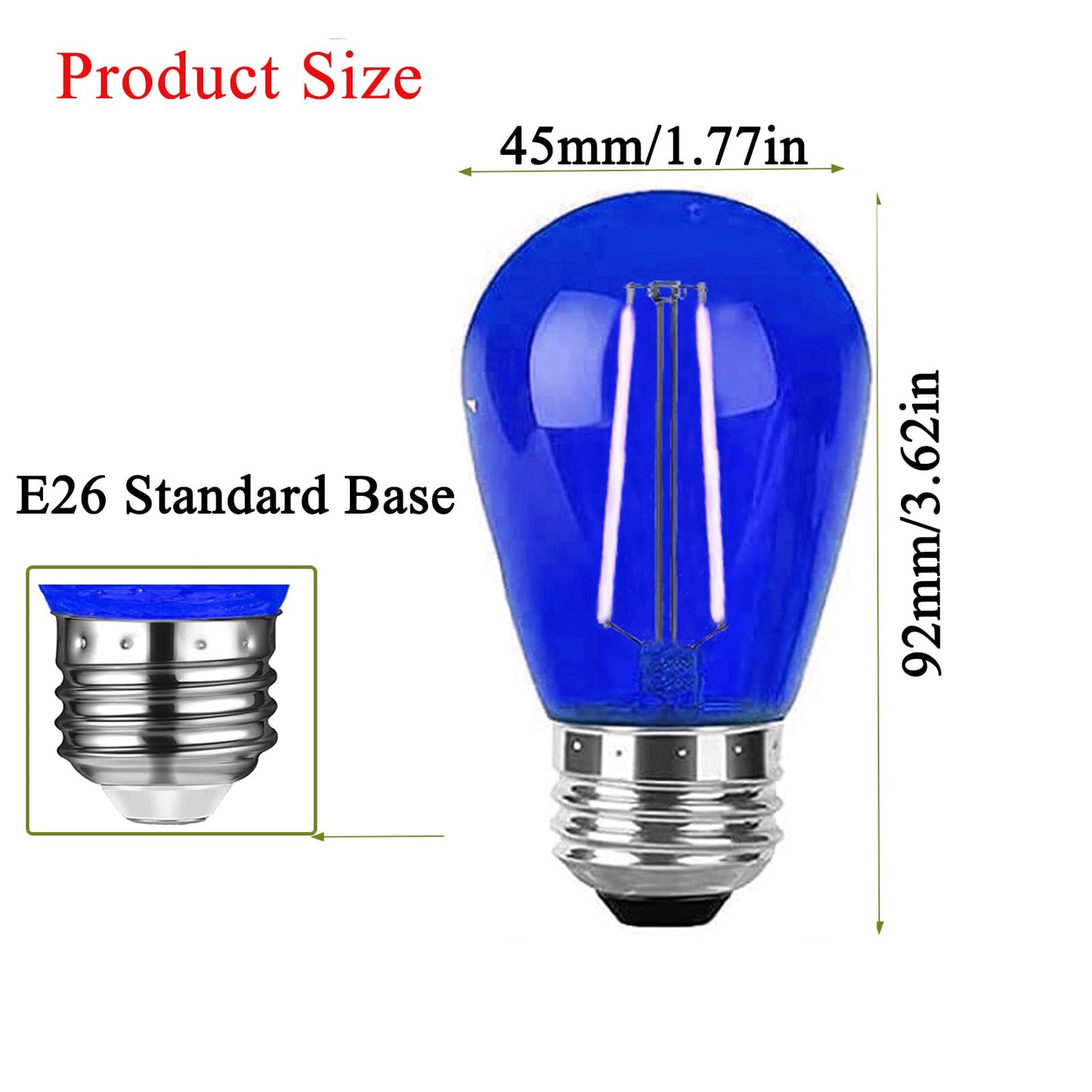 LRSUEYSKIN S14 Blue LED Bulb Replacement LED Light Bulbs 2W Plastic Shatterproof Night Bulb E26 Base S14 String Light Waterproof Vintage Bulb