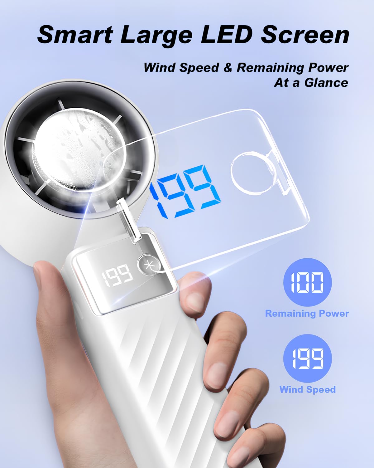 Vryllis Portable Handheld Cooling Fan Rechargeable 5000mAh, Foldable Powerful Winds Mini Turbo Fans, 199 Speed, Digital Display for Travel Camping