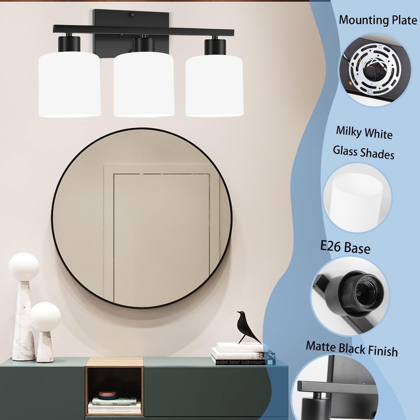 Capaaobc 3-Light Bathroom Vanity Light Fixture Over Mirror, Matte Black Bathroom Light Fixtures, Wall Sconces Lighting for Bedroom, Kitchen, Hallway