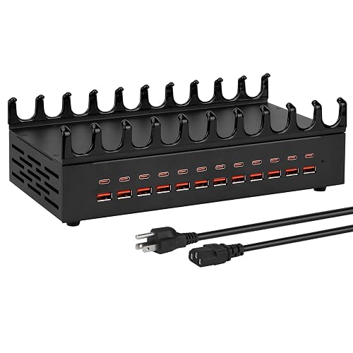 USB Charging Station 300W 24 Ports, Smart Power Distribution and Safety Protection PD/QC Charging Technology Multi Port Fast Charger with 12 USB-C