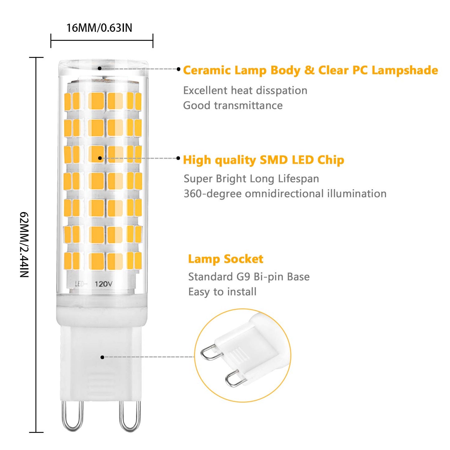 YUIIP G9 LED Bulb Dimmable 6W Warm White 3000K, T4 G9 Ceramic Bi-pin Base Light Bulbs AC 120V 530LM, 50W 60W Halogen Bulb Equivalent, G9 Light Bulbs