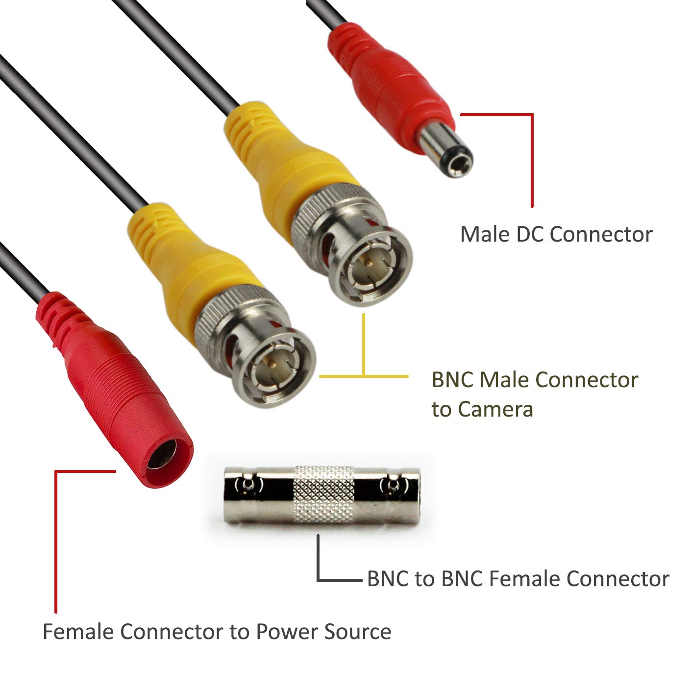 InstallerCCTV BNC Video Power Cable, 60ft All-in-One Video HD-TVI HD-CVI AHD Analog 1080p Black Premade Power Cable w/Connectors for CCTV Security