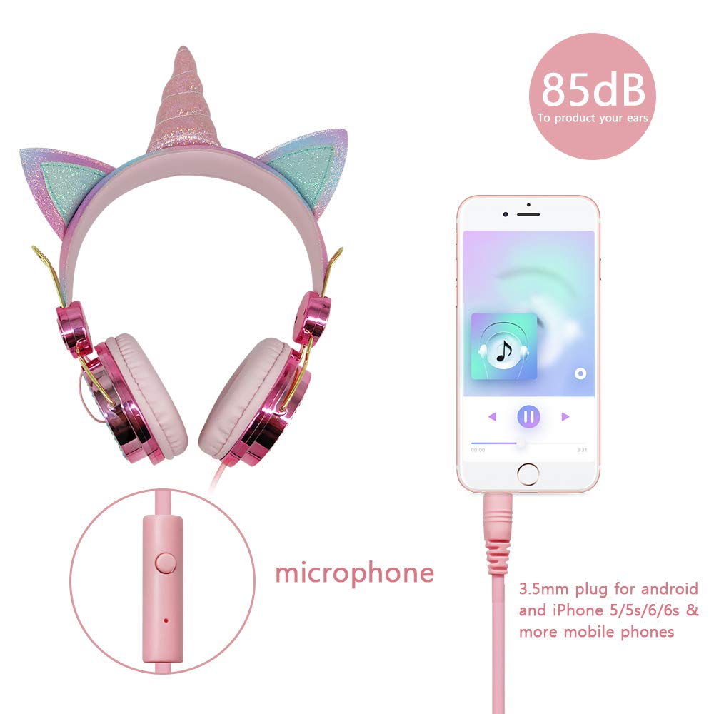 SAYESON Unicorn Kids Headphones, Wired Over Ear Headphones with Adjustable Headband, 3.5mm Jack and Tangle-Free Cord, Cute Girl Headsets for School…