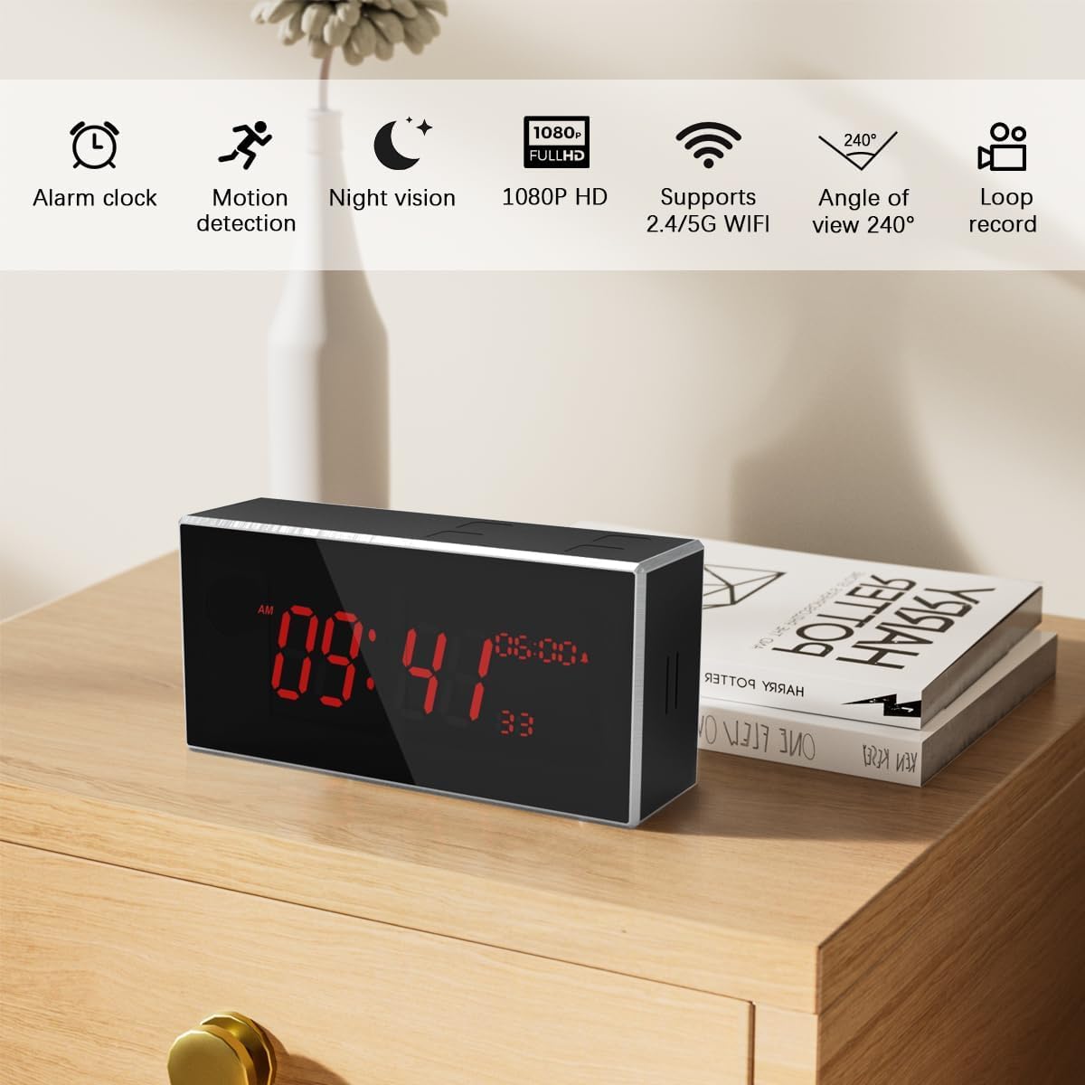 kelucimy Indoor Security Camera with Clock,HD1080P,Motion Detection,Wireless WiFi,Night Vision,160° Wide-Angle View,Phone App,24/7 Surveillance