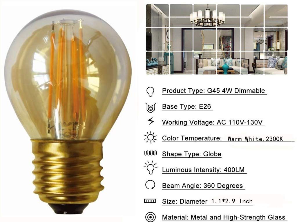 4W G45 Dimmable LED Filament Bulb G45 LED Vintage Edison Bulbs E26/E27 Medium Base Lamp for Home Pendant Antique Light,G14/G45 Shape,E26/E27 Socket