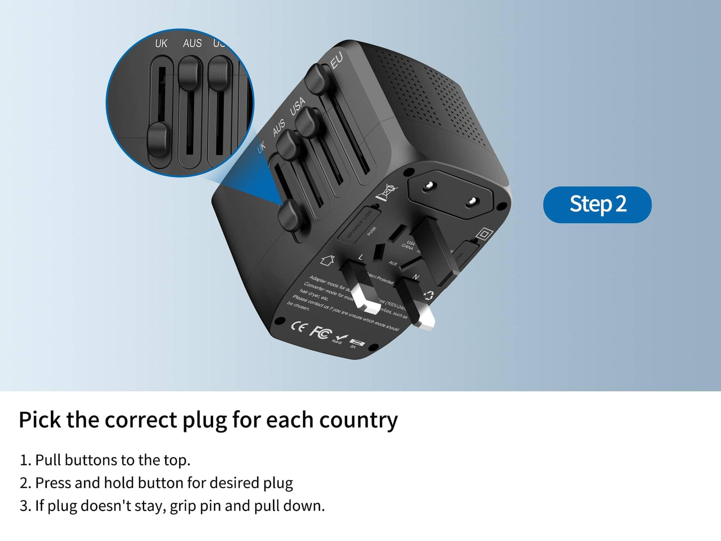 International Travel Adapter & Voltage Converter – 100V-240V Combo with 2 USB Ports, USA to UK, EU, AU Plug for 200+ Countries