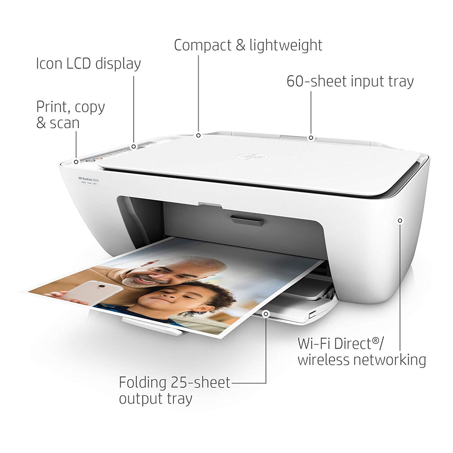 HP V1N04A#B1H DeskJet 2655 All-in-One Compact Printer, Instant Ink ready - White (V1N04A)