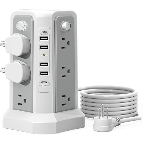 Surge Protector Power Strip Tower with PD18W USB C Port,10FT Extension Cord with 12 AC Mutiple Outlets 5 USB Charging Ports, PASSUS Power Tower Surge