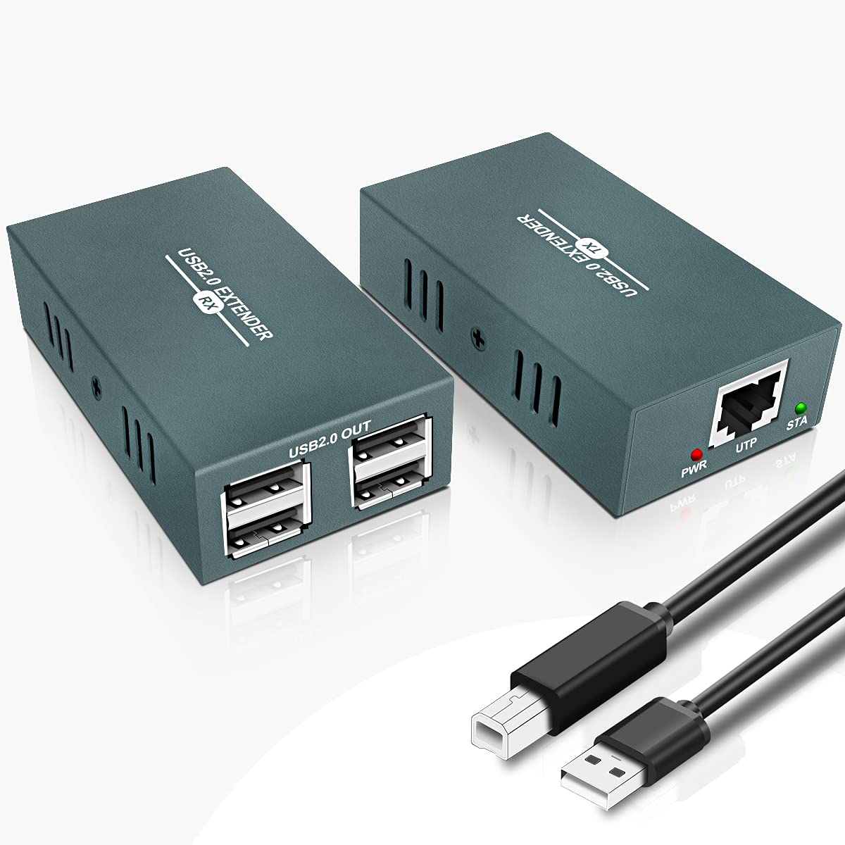 USB Extender Over Ethernet RJ45 LAN Extension, with 4 USB 2.0 Ports, Transmit 50m/165ft Over Ethernet Cat5/5e/6/7, Support Power Over Cable, Play
