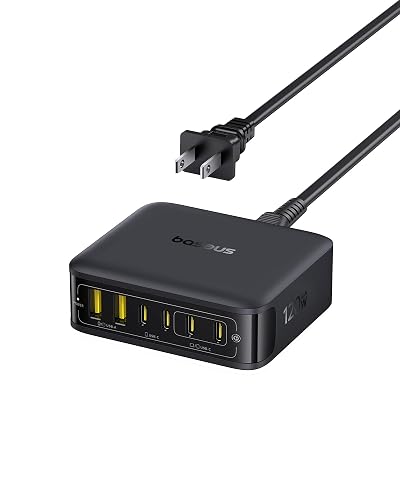 Baseus Charging Station 120W, 6-in-1 USB-C PD Fast Charging Desktop Charger with 5ft Extension Cord, 4 USB C, 2 USB A Ports, Travel Power Strip