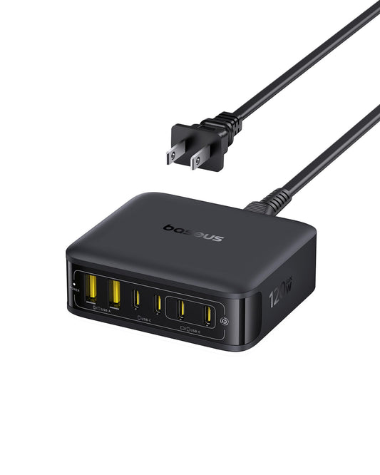 Baseus Charging Station 120W, 6-in-1 USB-C PD Fast Charging Desktop Charger with 5ft Extension Cord, 4 USB C, 2 USB A Ports, Travel Power Strip