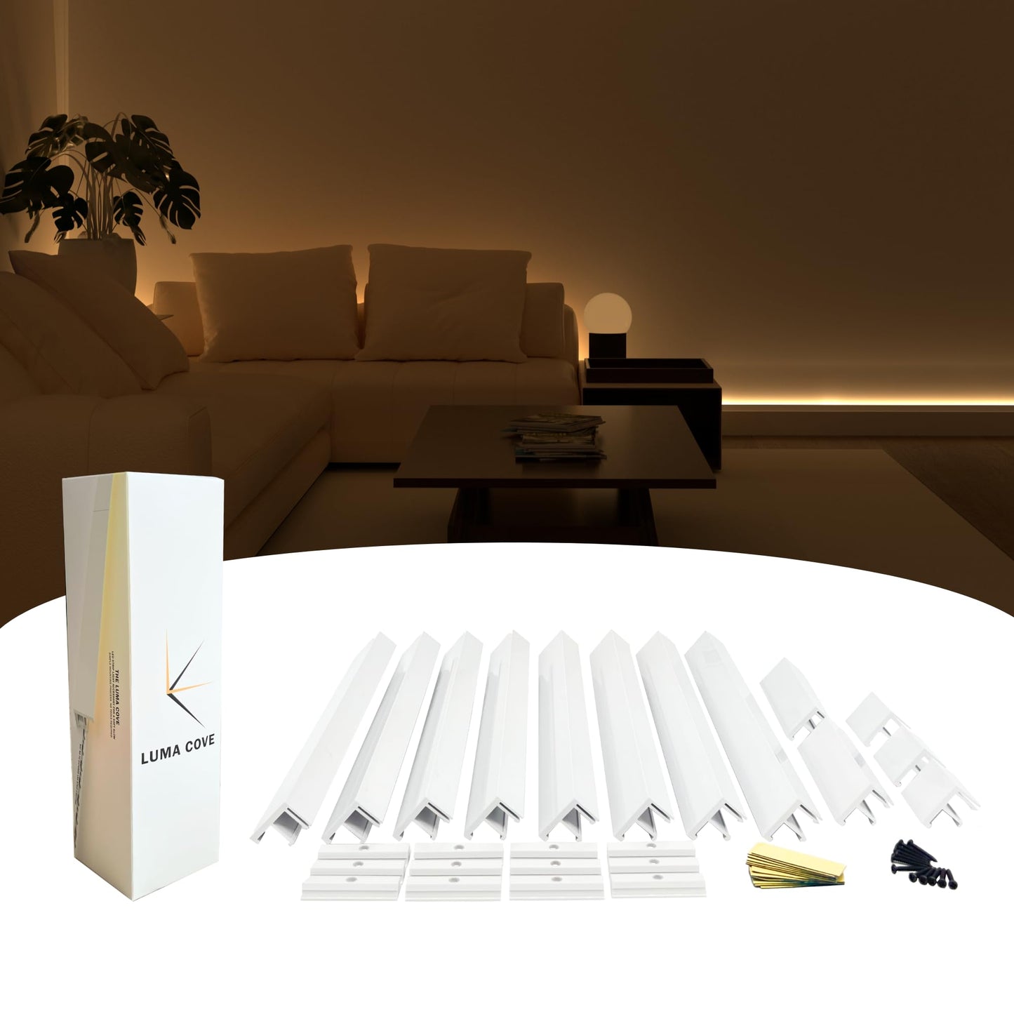 Luma Cove The 8.2FT/2.5M Modular Channel Assembly Kit for The Concealment of LED Strip Lighting Surface Mounted Cove Light Baseboard Uplight Wall