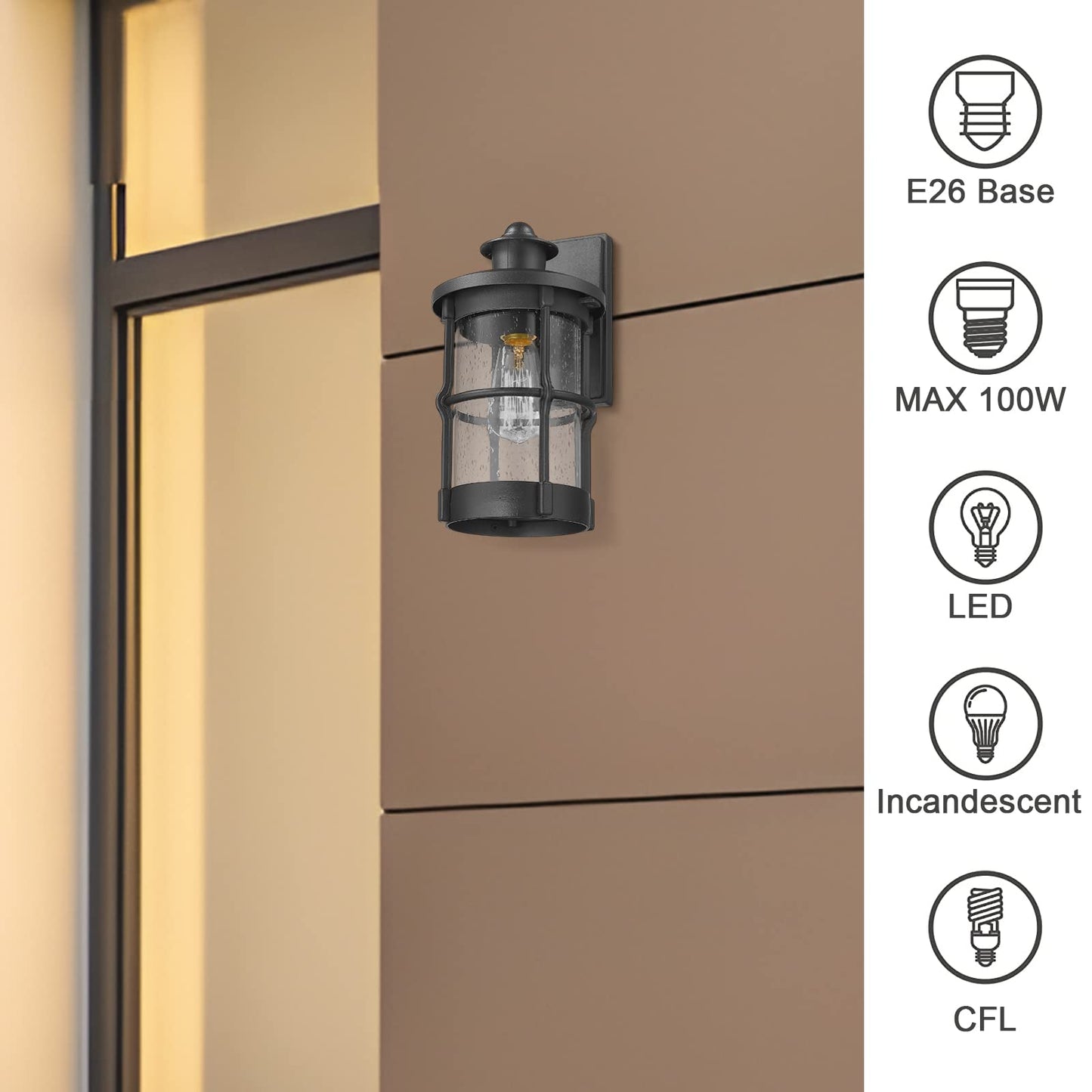 Rosient Outdoor Wall Sconces, Outdoor Wall Lights, Exterior Wall Mount Lighting, Wall Light Fixture in Black Finish with Seeded Glass (Black, 2 Pack)