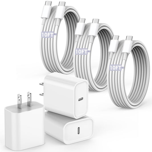 10FT Fast Charging Cord for iPhone 17 16e 15,3Pack Extra Long 10Foot USB C to Type C Charger Cable 20W USBC Charger Block Cube Super Quick Charging
