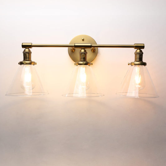 Phansthy 3-Light Wall Sconces Antique Brass Vanity Light, Industrial Wall Lamps with On Off Switch and Clear Glass Lampshade, Vintage Wall Lighting