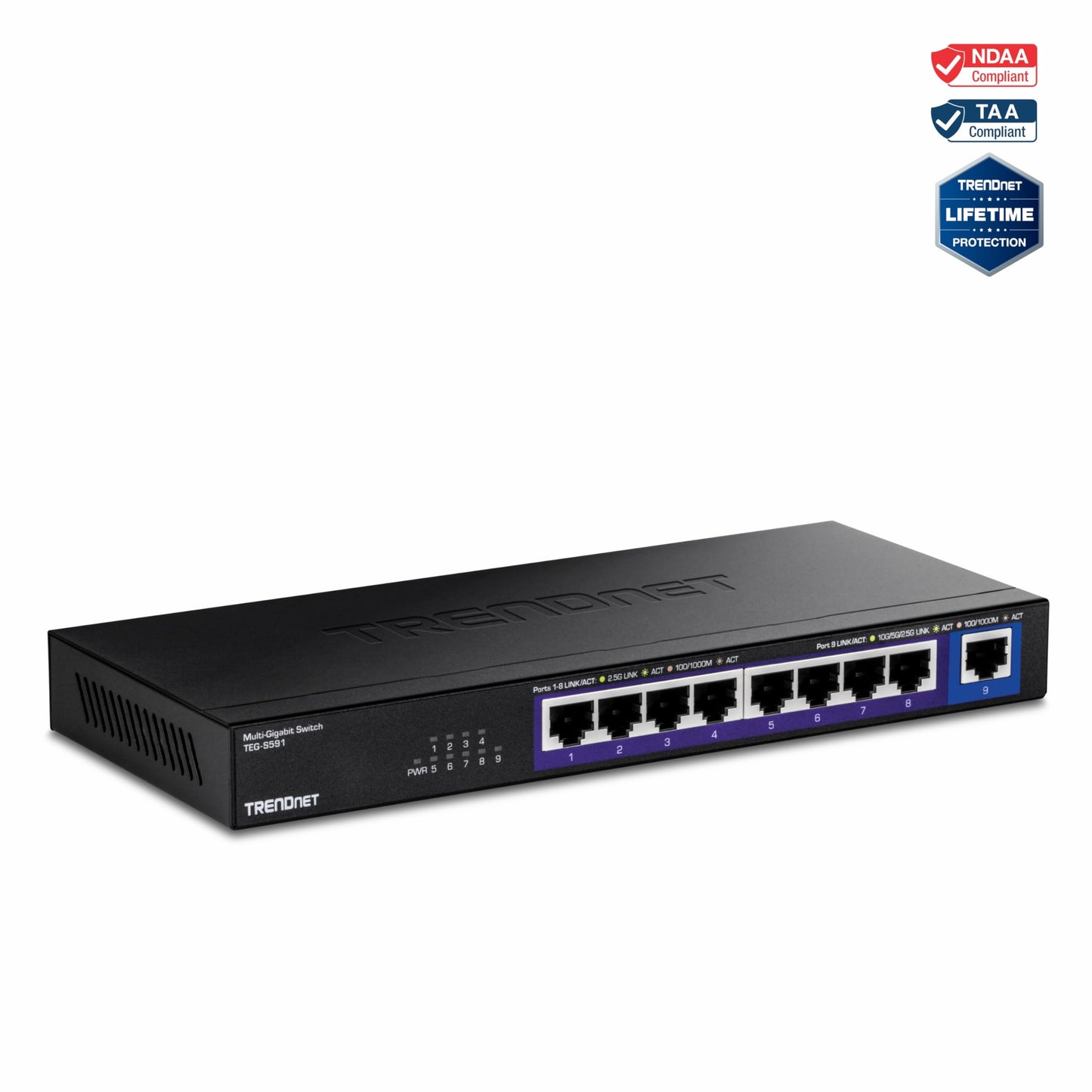 TRENDnet 9-Port Multi-Gig Switch, TEG-S591, 8 x 2.5G RJ-45 Ports, 1 x 10G RJ-45 Port, 60Gbps Switching Capacity, Ethernet Splitter, NDAA & TAA
