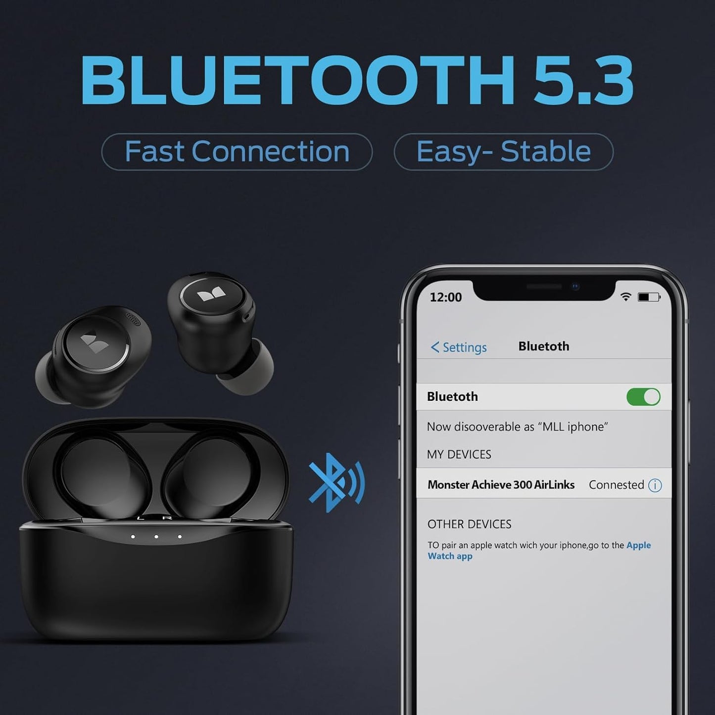 Monster Achieve 300 AirLinksWireless Earbuds, Bluetooth 5.3 in-Ear Stereo Headphones, Built-in Mic for Crystal Clear Call, 32H Playtime, Type-C…