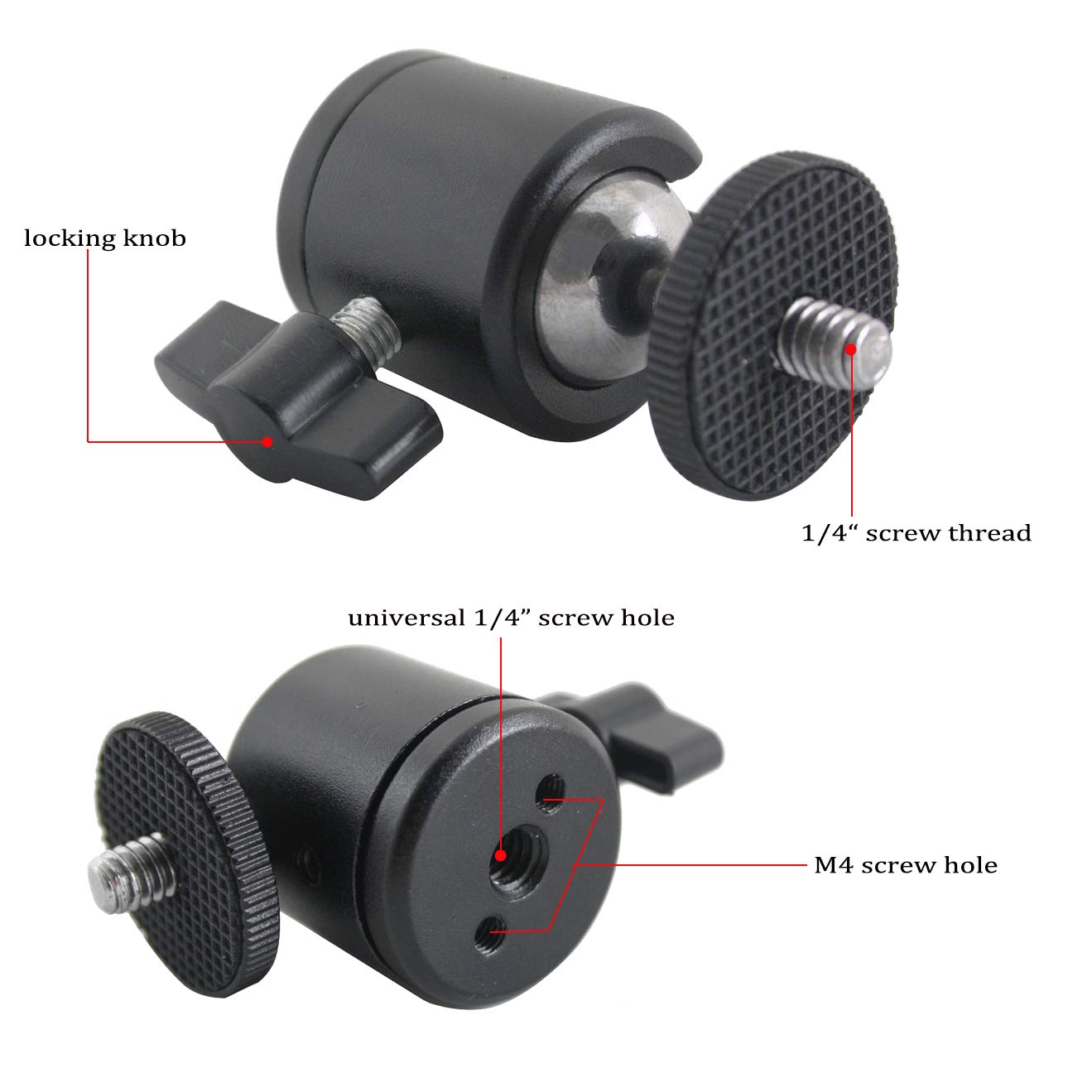 EXMAX 360 Degree Aluminum Alloy Body Rotating Swivel Mini Tripod Ball Head with 1/4" Screw Thread Base Mount for Lighter DSLR Camera Camcorder LED