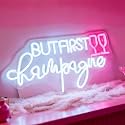 But First Champagne Neon Sign - USB Powered Dimmable Decorative Neon Light for Party Bar Pub Living Room Bedroom Wall Table Decor, White and Pink LED